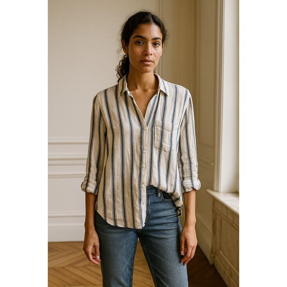 Cloth & Stone Anthropologie Cotton White Blue Stripe Button Down Shirt Women Med - Picture 2 of 12